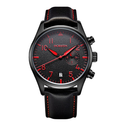 Ochstin 5043C Multifunctional Business Waterproof Leather Strap Quartz Watch(Black+Black+Red)-garmade.com