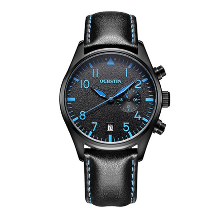 Ochstin 5043C Multifunctional Business Waterproof Leather Strap Quartz Watch(Black+Black+Blue)-garmade.com