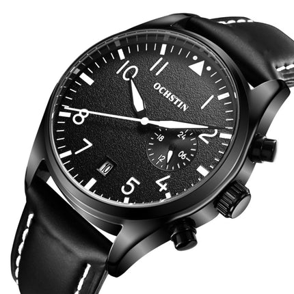 Ochstin 5043C Multifunctional Business Waterproof Leather Strap Quartz Watch(Black+Black+Red)-garmade.com