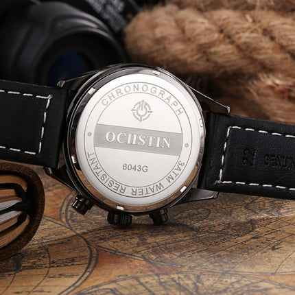Ochstin 5043C Multifunctional Business Waterproof Leather Strap Quartz Watch(Black+Black+White)-garmade.com