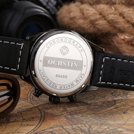 Ochstin 5043C Multifunctional Business Waterproof Leather Strap Quartz Watch(Black+Black+Yellow)-garmade.com