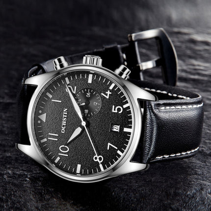 Ochstin 5043C Multifunctional Business Waterproof Leather Strap Quartz Watch(Silver+Black+White)-garmade.com