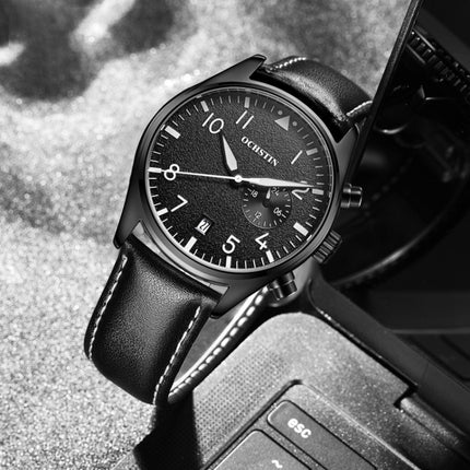 Ochstin 5043C Multifunctional Business Waterproof Leather Strap Quartz Watch(Black+Black+Orange)-garmade.com