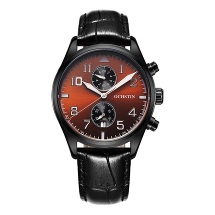 Ochstin 5043G Multifunctional Waterproof Leather Strap Quartz Watch(Black+Black+Coffee)-garmade.com
