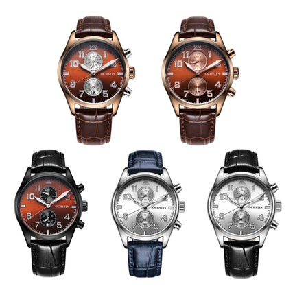 Ochstin 5043G Multifunctional Waterproof Leather Strap Quartz Watch(Black+Black+Coffee)-garmade.com