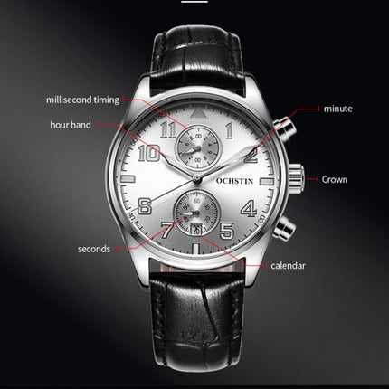 Ochstin 5043G Multifunctional Waterproof Leather Strap Quartz Watch(Silver+White+Black)-garmade.com