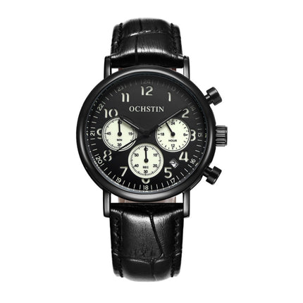 Ochstin 5081A Multifunctional Luminous Waterproof Leather Strap Quartz Watch(Black+Black+Black)-garmade.com