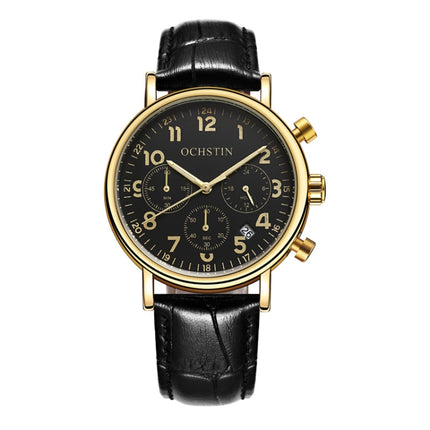 Ochstin 5081A Multifunctional Luminous Waterproof Leather Strap Quartz Watch(Gold+Black+Black)-garmade.com