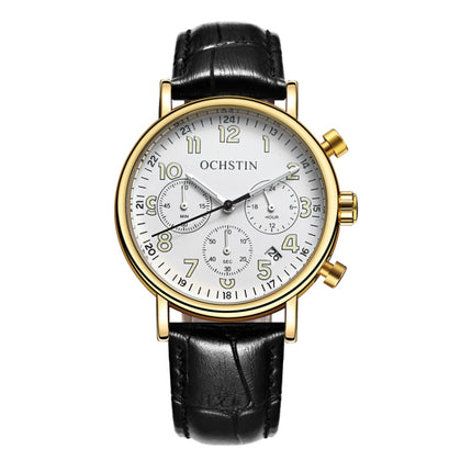 Ochstin 5081A Multifunctional Luminous Waterproof Leather Strap Quartz Watch(Gold+White+Black)-garmade.com