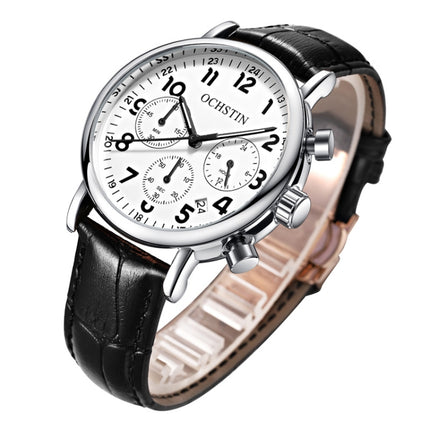 Ochstin 5081A Multifunctional Luminous Waterproof Leather Strap Quartz Watch(Silver+Blue+Blue)-garmade.com