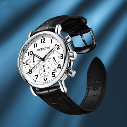 Ochstin 5081A Multifunctional Luminous Waterproof Leather Strap Quartz Watch(Silver+Blue+Blue)-garmade.com