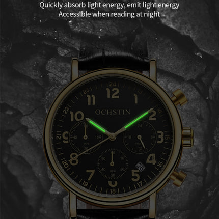 Ochstin 5081A Multifunctional Luminous Waterproof Leather Strap Quartz Watch(Gold+Black+Black)-garmade.com