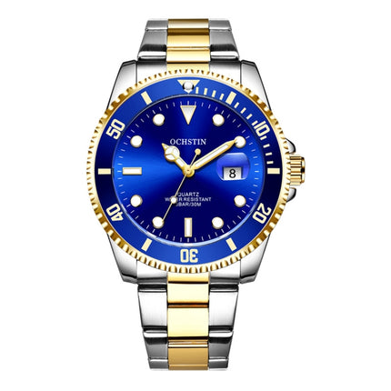 Ochstin 5019F Fashion Business Single Calendar Waterproof Stainless Steel Strap Quartz Watch(Gold+Blue)-garmade.com