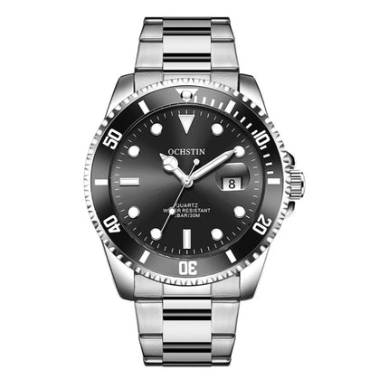 Ochstin 5019F Fashion Business Single Calendar Waterproof Stainless Steel Strap Quartz Watch(Silver+Black)-garmade.com