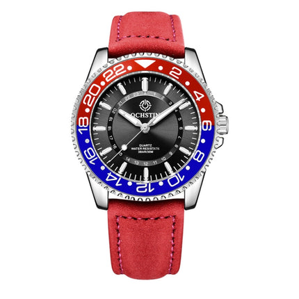 Ochstin 5019G Fashion Business Waterproof Leather Strap Quartz Watch(Black+Black+Red)-garmade.com