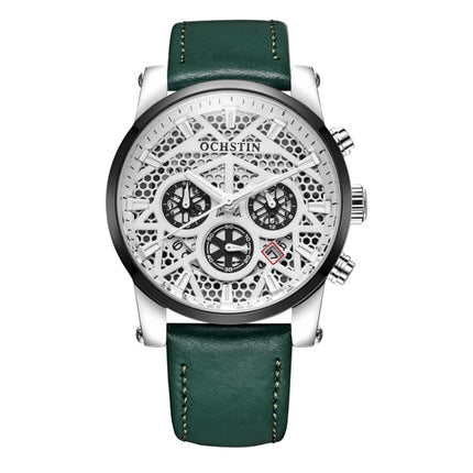 Ochstin 5052B Multifunctional Business Waterproof Leather Strap Quartz Watch(Silver+Black+Green)-garmade.com
