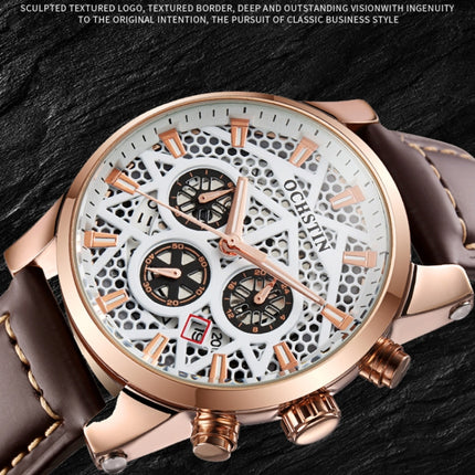 Ochstin 5052B Multifunctional Business Waterproof Leather Strap Quartz Watch(Rose Gold+Brown)-garmade.com