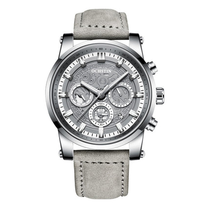 Ochstin 5111B Multifunctional Business Waterproof Luminous Leather Strap Quartz Watch(Silver+Grey)-garmade.com