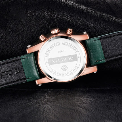 Ochstin 5111B Multifunctional Business Waterproof Luminous Leather Strap Quartz Watch(Rose Gold+Green)-garmade.com
