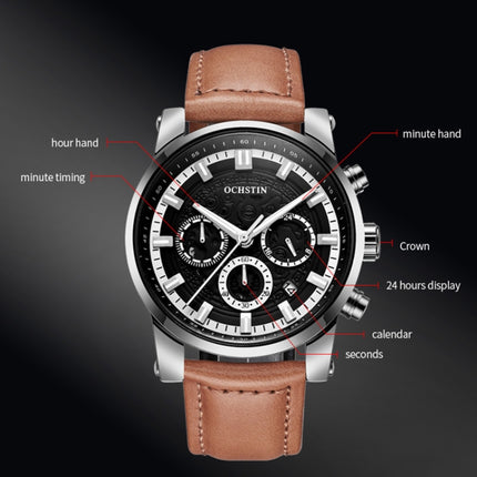 Ochstin 5111B Multifunctional Business Waterproof Luminous Leather Strap Quartz Watch(Silver+Light Brown)-garmade.com