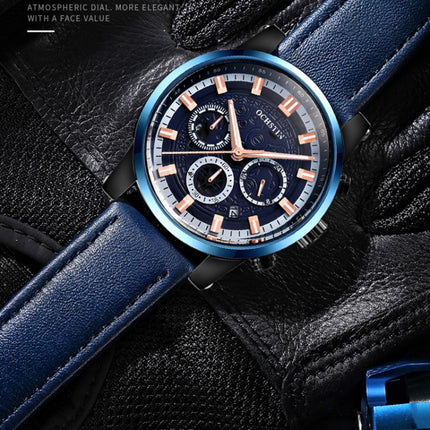 Ochstin 5111B Multifunctional Business Waterproof Luminous Leather Strap Quartz Watch(Rose Gold+Black)-garmade.com