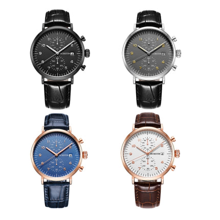 Ochstin 5076D Multifunctional Business Leather Waterproof Luminous Quartz Watch(Black+Black)-garmade.com