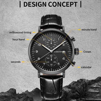 Ochstin 5076D Multifunctional Business Leather Waterproof Luminous Quartz Watch(Silver+Black)-garmade.com