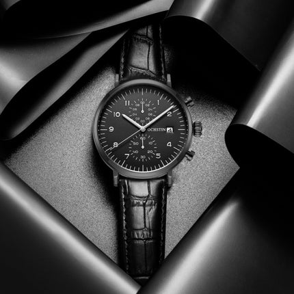Ochstin 5076D Multifunctional Business Leather Waterproof Luminous Quartz Watch(Silver+Black)-garmade.com