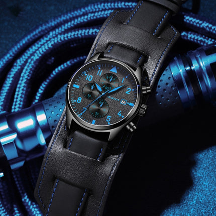 Ochstin 7227 Multifunctional Business Leather Wrist Wrist Waterproof Quartz Watch(Black+Black)-garmade.com