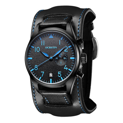 Ochstin 7228 Multifunctional Business Leather Wrist Wrist Waterproof Quartz Watch(Black+Blue)-garmade.com