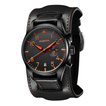 Ochstin 7228 Multifunctional Business Leather Wrist Wrist Waterproof Quartz Watch(Black+Orange)-garmade.com