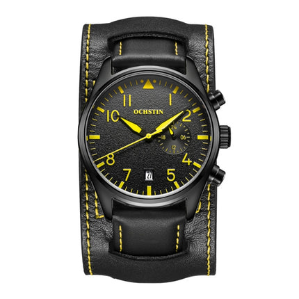 Ochstin 7228 Multifunctional Business Leather Wrist Wrist Waterproof Quartz Watch(Black+Yellow)-garmade.com