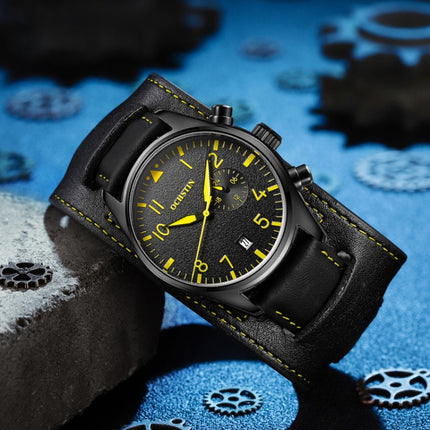 Ochstin 7228 Multifunctional Business Leather Wrist Wrist Waterproof Quartz Watch(Black+Yellow)-garmade.com