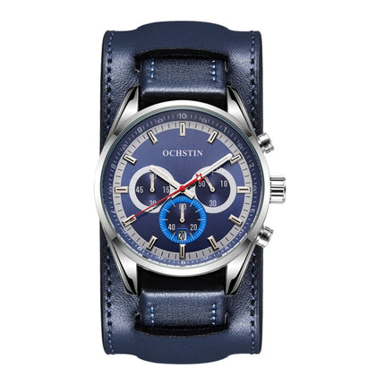 Ochstin 7229 Multifunctional Business Leather Wrist Wrist Waterproof Luminous Quartz Watch(Silver+Blue)-garmade.com