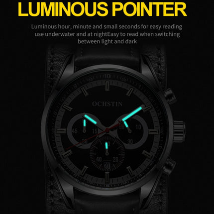 Ochstin 7229 Multifunctional Business Leather Wrist Wrist Waterproof Luminous Quartz Watch(Black+Black)-garmade.com