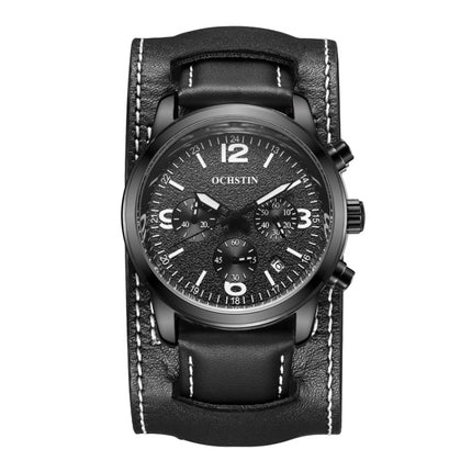 Ochstin 7230 Multifunctional Business Leather Wrist Wrist Waterproof Quartz Watch(Black+Black)-garmade.com