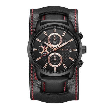 Ochstin 7231 Multifunctional Business Leather Wrist Wrist Waterproof Quartz Watch(Black+Black)-garmade.com