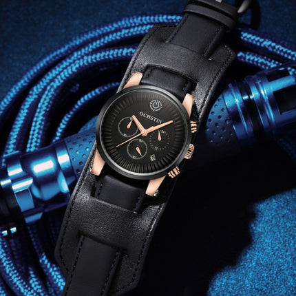 Ochstin 7232 Multifunctional Business Leather Wrist Wrist Waterproof Quartz Watch(Rose Gold+Blue)-garmade.com