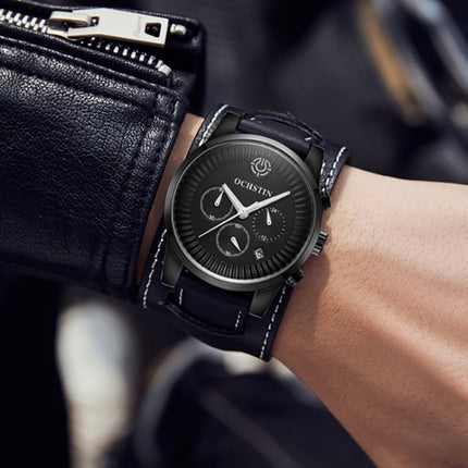 Ochstin 7232 Multifunctional Business Leather Wrist Wrist Waterproof Quartz Watch(Black+Black)-garmade.com