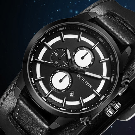 Ochstin 7235 Multifunctional Business Leather Wrist Wrist Waterproof Quartz Watch(Black+Black)-garmade.com