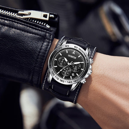 Ochstin 7234 Multifunctional Business Leather Wrist Wrist Waterproof Quartz Watch(Black+Dark Brown)-garmade.com