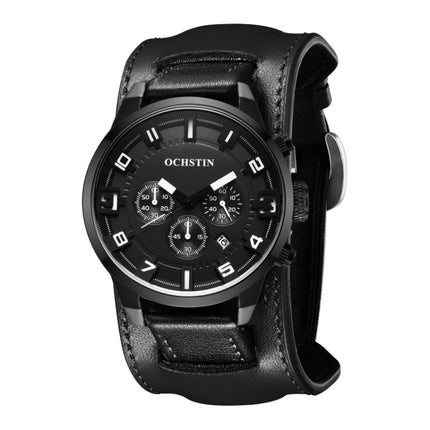 Ochstin 7236 Multifunctional Business Leather Wrist Wrist Waterproof Quartz Watch(Black+Black)-garmade.com