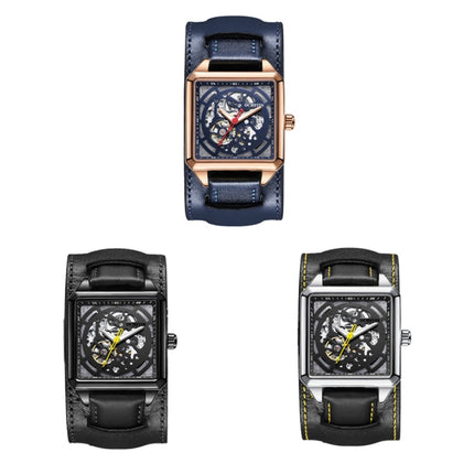 Ochstin 7237 Business Leather Wrist Wrist Waterproof Luminous Skeleton Mechanical Watch(Black+Black)-garmade.com