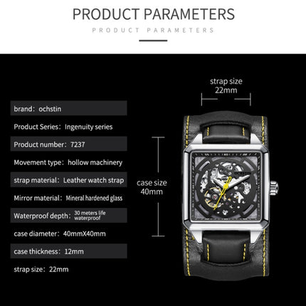 Ochstin 7237 Business Leather Wrist Wrist Waterproof Luminous Skeleton Mechanical Watch(Silver+Black)-garmade.com