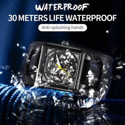 Ochstin 7237 Business Leather Wrist Wrist Waterproof Luminous Skeleton Mechanical Watch(Rose Gold+Blue)-garmade.com
