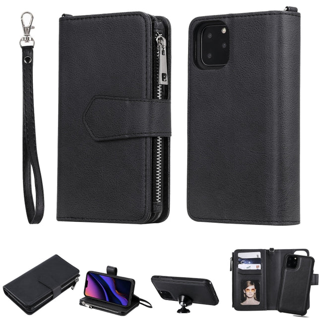 For iPhone 11 Pro 2 in 1 Solid Color Zipper Shockproof Protective Case with Card Slots & Bracket & Photo Holder & Wallet Function(Black)-garmade.com