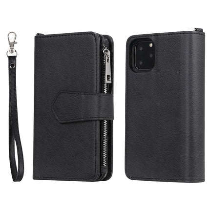 For iPhone 11 Pro 2 in 1 Solid Color Zipper Shockproof Protective Case with Card Slots & Bracket & Photo Holder & Wallet Function(Black)-garmade.com