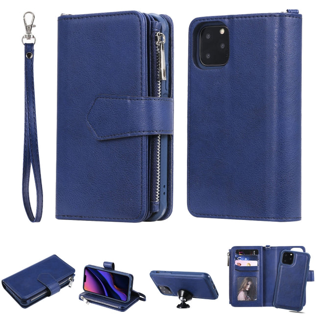 For iPhone 11 Pro 2 in 1 Solid Color Zipper Shockproof Protective Case with Card Slots & Bracket & Photo Holder & Wallet Function(Blue)-garmade.com