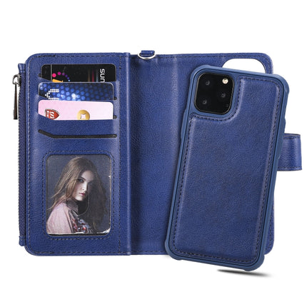 For iPhone 11 Pro 2 in 1 Solid Color Zipper Shockproof Protective Case with Card Slots & Bracket & Photo Holder & Wallet Function(Blue)-garmade.com