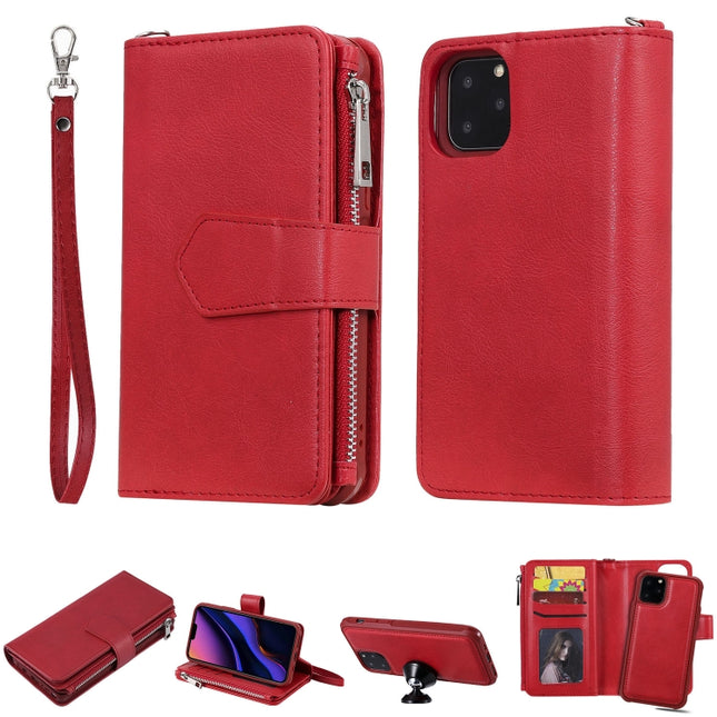 For iPhone 11 Pro 2 in 1 Solid Color Zipper Shockproof Protective Case with Card Slots & Bracket & Photo Holder & Wallet Function(Red)-garmade.com